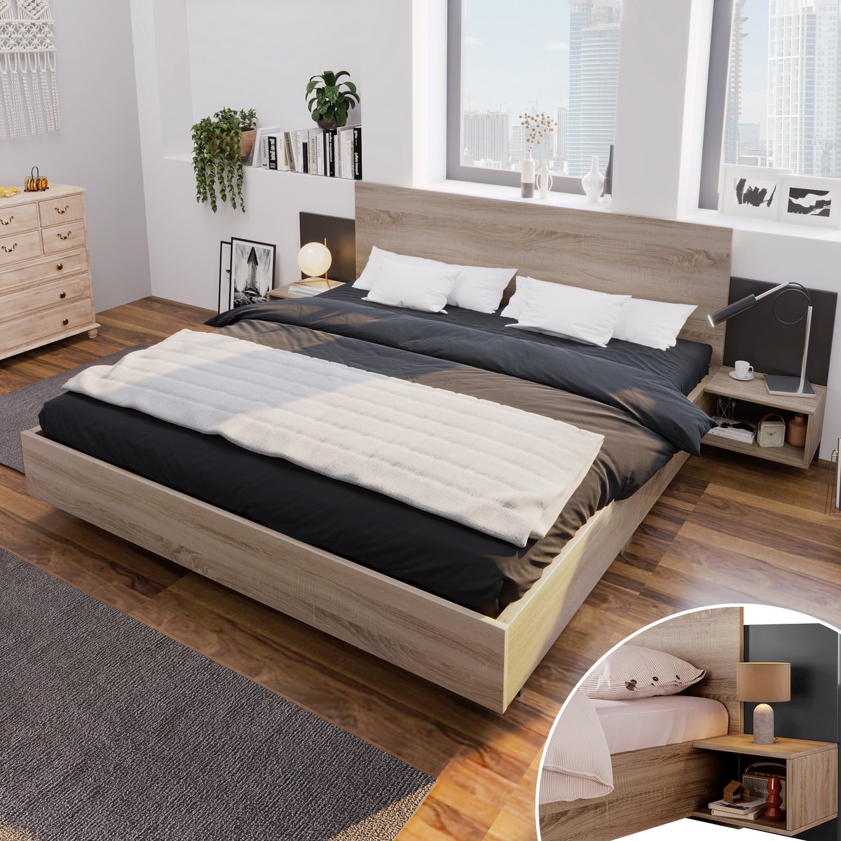 Tweepersoonsbed houten bed 160x 200 cm met 2 nachtkastjes - Modern bed met 2 nachtkastjes - Slaapkamermeubelset 205,5x235x76,5 cm (D/B/H) - eiken