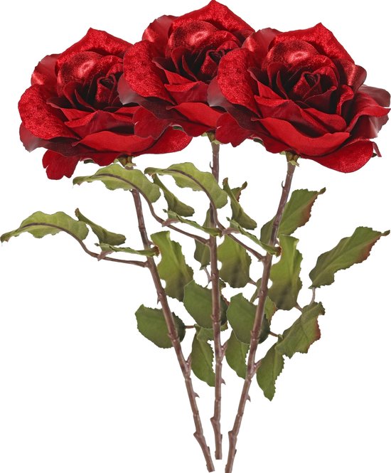 Top Art Kunstbloem roos Glamour - 3x - rood satijn - 61 cm - kunststof steel - decoratie bloemen