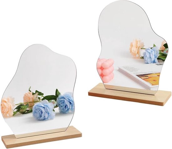 Pack of 2 Acrylic Irregular Mirrors Frameless Decorative Cosmetic Table Mirror with Wooden Base for Bedroom Living Room Room Decor
