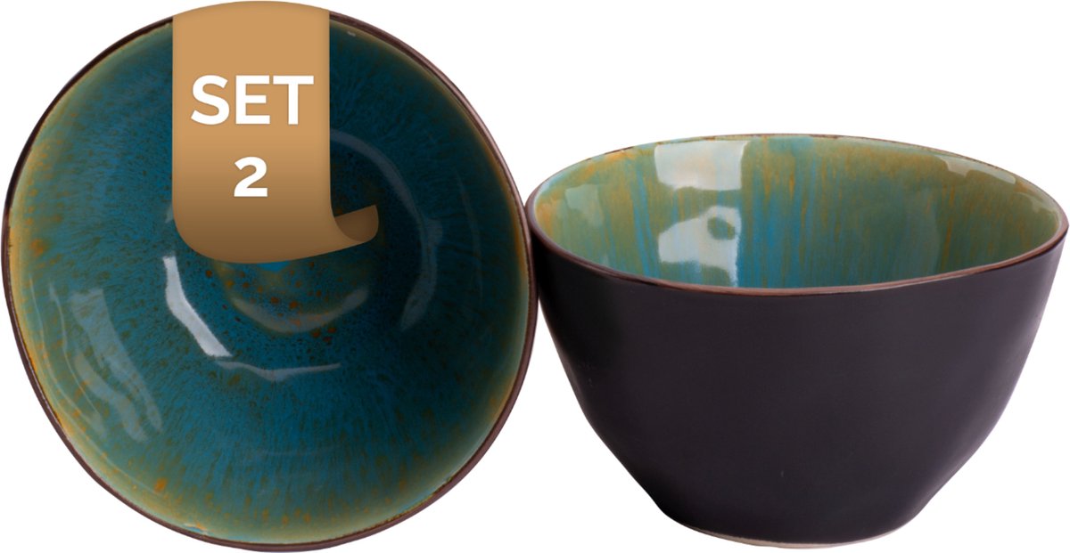 Palmer - Lotus - Schaal - Kom - 2 stuks - 1 L - ø 15 cm - Turquoise/Zwart - Stoneware - Bordenset