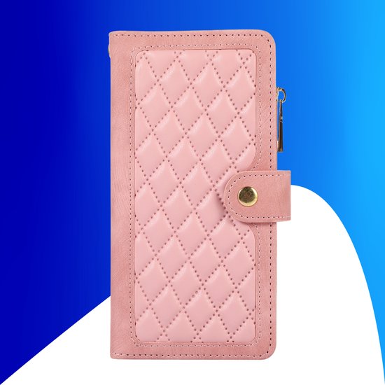 Étui adapté pour iPhone 14 - Bookcase - Porte-cartes - Portefeuille - Cordon - Simili cuir - Rose