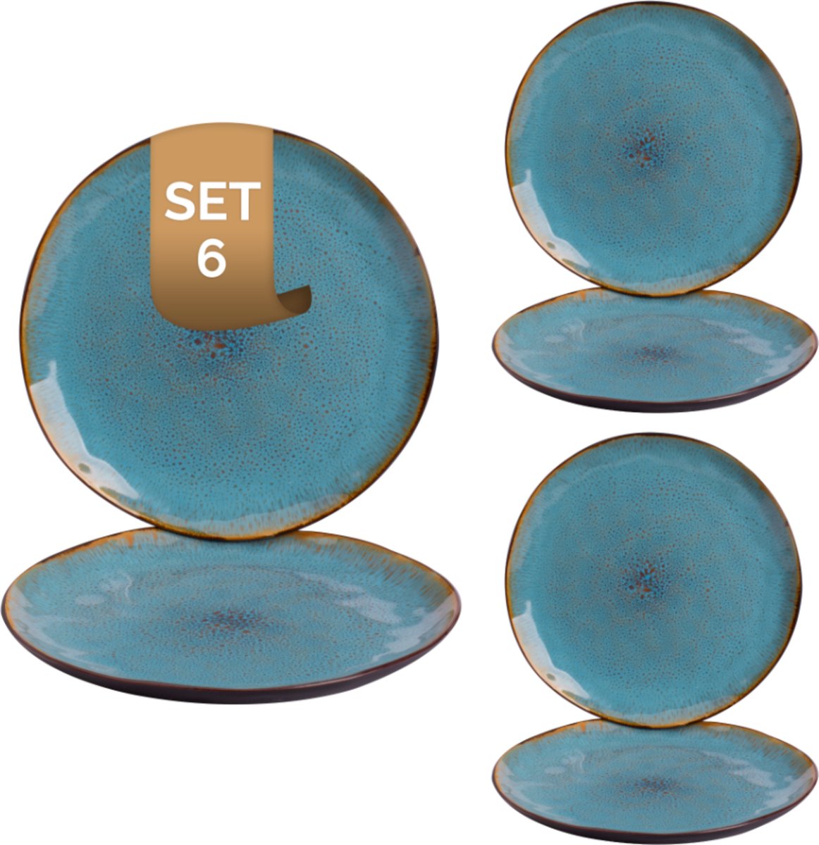 Palmer - Lotus - Bord - 6 stuks - ø 27,5 cm - Turquoise/Zwart - Stoneware - Bordenset