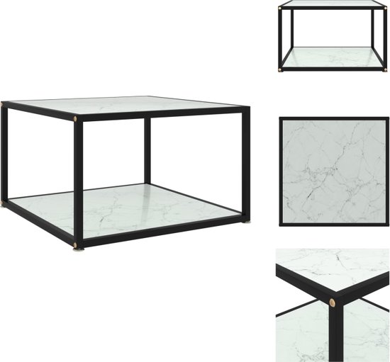 vidaXL Salontafel - Uniek - 2-Laags Tafeltje - 60x60x35 cm - Wit - Gehard Glas en Gepoedercoat Staal - Marmeren Textuur - Tafel