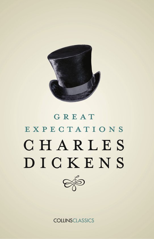 De cover van 'Great Expectations' van Charles Dickens met een zwarte hoge hoed en de titel.