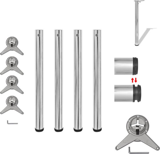 vidaXL Tafelpoten Set - 60 x 710 mm - verstelbaar - chroom ijzer - 4 stuks - Tafelonderdeel