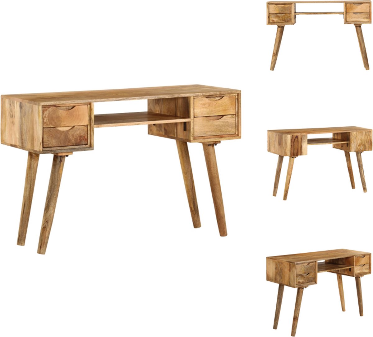 VidaXL Bureau Hout Massief mangohout 115 x 47 x 76 cm 4 laden en plank Bureau