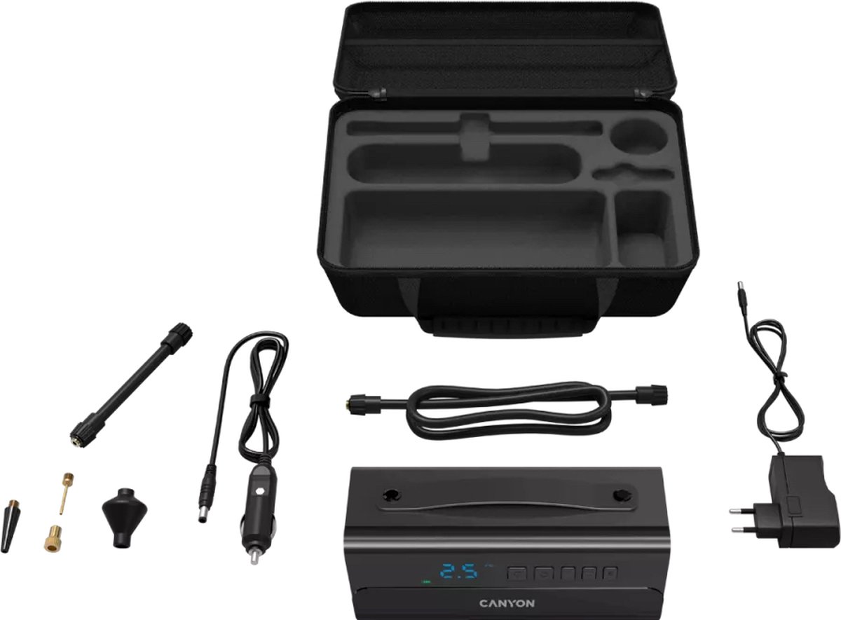Canyon CND-AI201CB Elektrische Pomp - Draagbare Compressor Bandenpomp – Powerbank - Zaklamp - Luchtcompressor - Fietspomp Elektrisch - Ballenpomp - Koffer - Zwart - Incl. PRO Koffer en Toebehoren