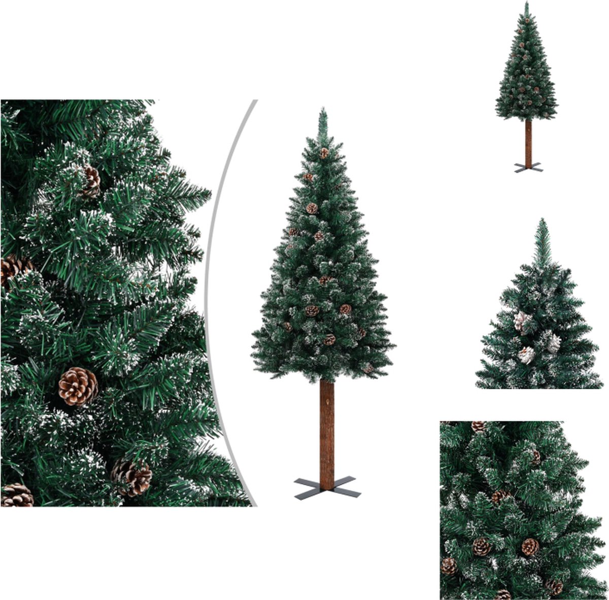 vidaXL Kerstboom Smalle 210cm Groen PVC en Grenenhout - Met Sneeuw en Dennenappels - Decoratieve kerstboom