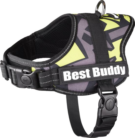 Honden tuigje met groen/grijs doodle patroon en 'Best Buddy' tekst.