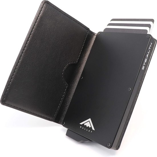 Portemonnee - Minimalistische Aluminium RFID-blokkerende uitwerper, creditcardhouder & cadeaubox zwart