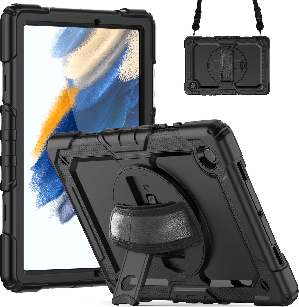 Beschermhoes met ingebouwde screenprotector geschikt voor Samsung Galaxy Tab A8 hoes – hoesje – riem – gordel – draagriem – schouderriem - robuust case - Zwart
