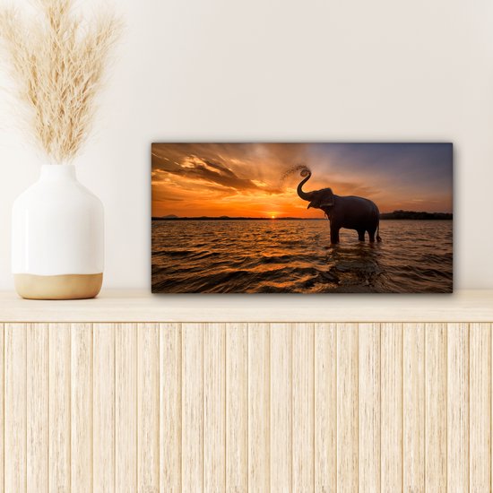 Toile - Éléphant - Coucher de soleil - Water - Décoration murale - 40x20 cm - Peintures sur toile - Toile canvas