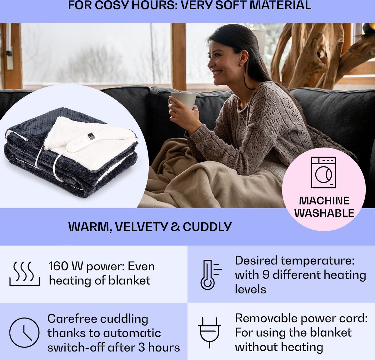 Klarstein XL elektrische knuffeldeken, elektrische deken met automatische uitschakeling, 180x130 cm. Elektrische warmtedeken, kan in de wasmachine, dubbelzijdige elektrische deken voor bed & bank, electric heated blanket met 9 standen – foto 3