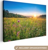 Canvas Schilderij Zon - Gras - Bloemen - 30x20 cm - Wanddecoratie