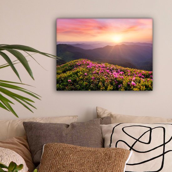 Peinture sur toile Fleurs - Berg - Coucher de soleil - Paysage - 40x30 cm - Décoration murale