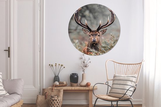 Een woonkamer met een muurcirkel van een hert met geweien, een houten meubel met vazen en een stoel.