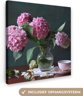 Canvas Schilderij Vaas met Hortensia's - 20x20 cm - Wanddecoratie