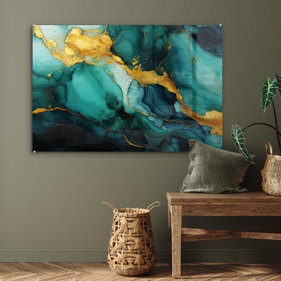 MuchoWow® Peinture sur verre 120x80 cm - Peinture sur verre - Marbre - Or - Blauw vert - Abstrait - Turquoise - Photo sur verre acrylique - Peintures