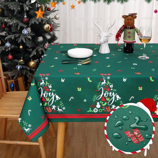 Beige tafelkleed met een feestelijke kerst print met de kerstman