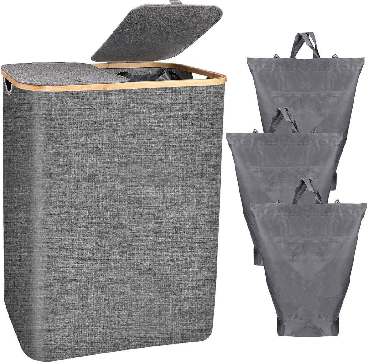 Goedkoopste Wasmand met deksel, 2 vakken, tweewegopening, stof, beige, groot XXL, wassorteerder, opvouwbare wasbox, wasmand, wasverzamelaar, vuilwasbak, laundry organizer