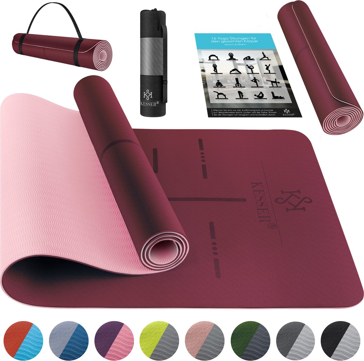 KESSER® Yoga Mat Extra Dik 183x61cm - Turnmat TPE Fitnessmat Gewatteerd & Antislip Yogamat Trainingsmat voor Fitness Pilates & Gymnastiek - Bordeaux