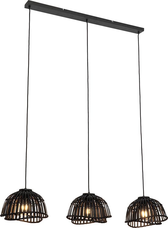 QAZQA pua - Oosterse Hanglamp eettafel voor boven de eettafel | in eetkamer - 3 lichts - L 120 cm - Zwart - Woonkamer | Slaapkamer | Keuken