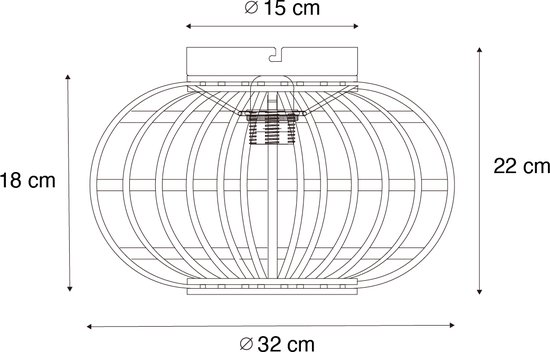 Technische tekening van de Oosterse plafondlamp met afmetingen: diameter 32 cm, hoogte 22 cm, montagegat 15 cm.