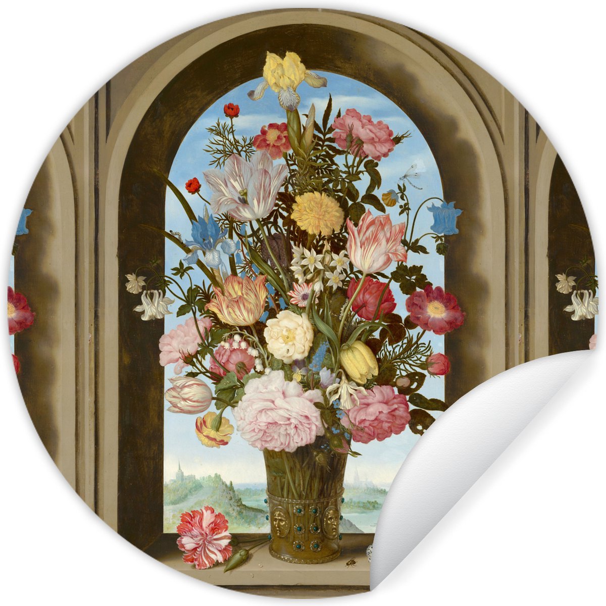 WallCircle® - Behangcirkel 120x120 cm - Muurstickers Vaas met bloemen in een venster - Schilderij van Ambrosius Bosschaert de Oude - Muurcirkel woonkamer - Wandcirkel slaapkamer - Kamer decoratie zelfklevend - Muurdecoratie accessoires XXL