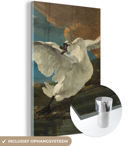 MuchoWow® Glasschilderij 120x180 cm - Schilderij acrylglas - De bedreigde zwaan - Schilderij van Jan Asselijn - Foto op glas - Schilderijen