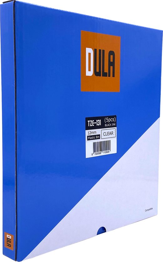 Zijkant van een blauwe doos met het DULA-logo en informatie over labelcassettes.