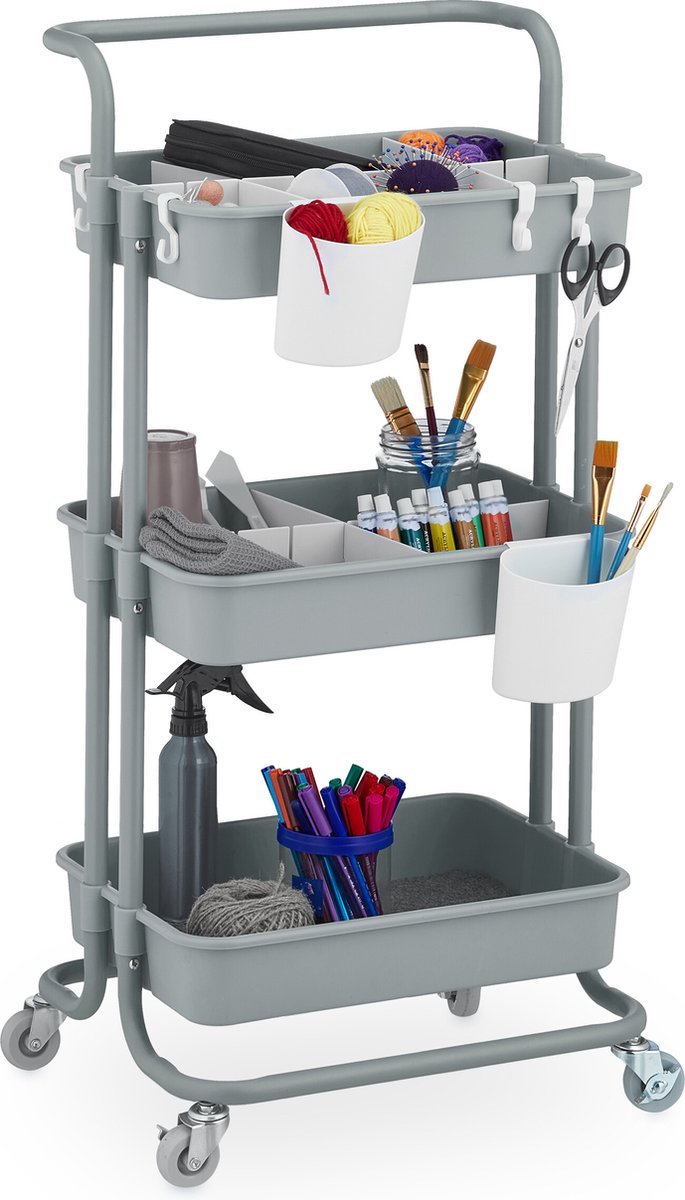 keukentrolley - 3 etages - op wielen - met vilt - 86x42,5x36 cm - grijs