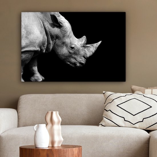 Peintures sur toile - Portrait photo rhinocéros sur fond noir en noir et blanc - 60x40 cm - Décoration murale