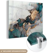 MuchoWow® Glasschilderij 20x20 cm - Schilderij acrylglas - Blauw - Marmer - Goud - Foto op glas - Schilderijen