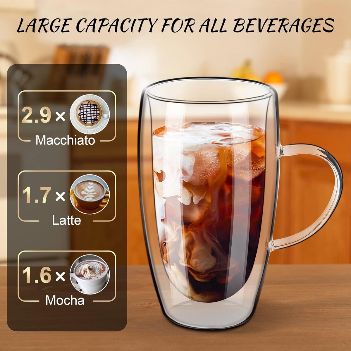 Verres à café à double paroi Mugs 2x350ml Cappuccino Macchiato Latte Verres  avec poignée