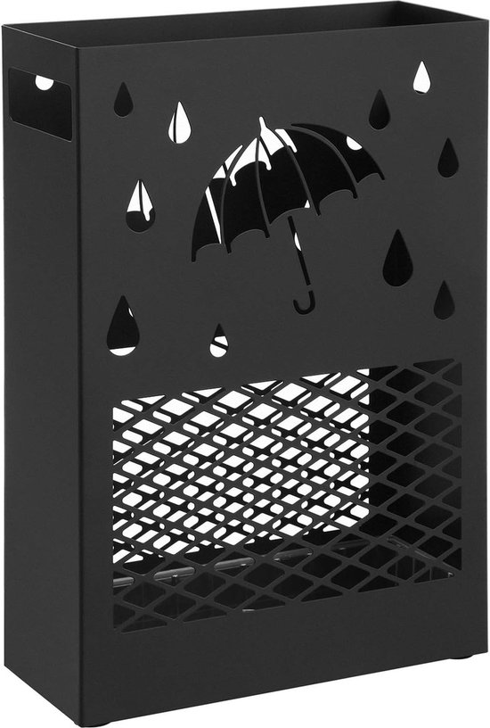 Metal Umbrella Stand, Rectangular Umbrella Stand with Removable Water Catcher Tray, 4 Hooks, Cutout Design, for Hallway and Office, Black LUC004B01