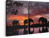 Artaza Canvas Schilderij Tweeluik Olifanten Tijdens Zonsondergang - Silhouet - 160x120 - Groot - Foto Op Canvas - Canvas Print