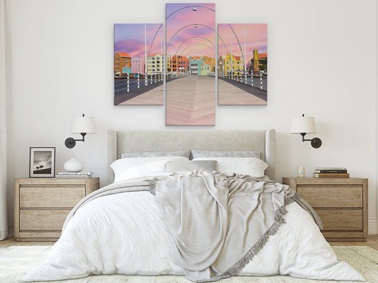 Artaza Peinture sur toile Triptyque Maisons colorées de Willemstad à Curaçao - 150x120 - Groot - Photo sur toile - Impression sur toile