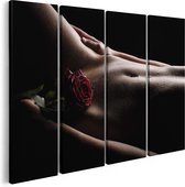 Artaza Canvas Schilderij Vierluik Naakte Vrouwenlichaam met een Rode Roos - Erotiek - 160x120 - Groot - Foto Op Canvas - Canvas Print