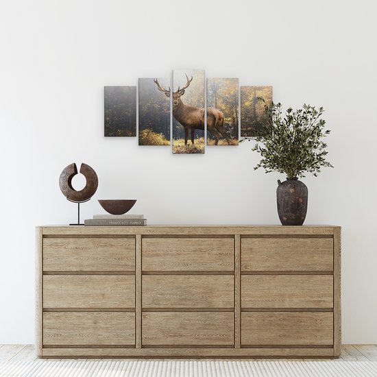 Artaza Peinture sur toile Pentaptyque Cerf debout dans une forêt d'automne - 100x50 - Photo sur toile - Impression sur toile