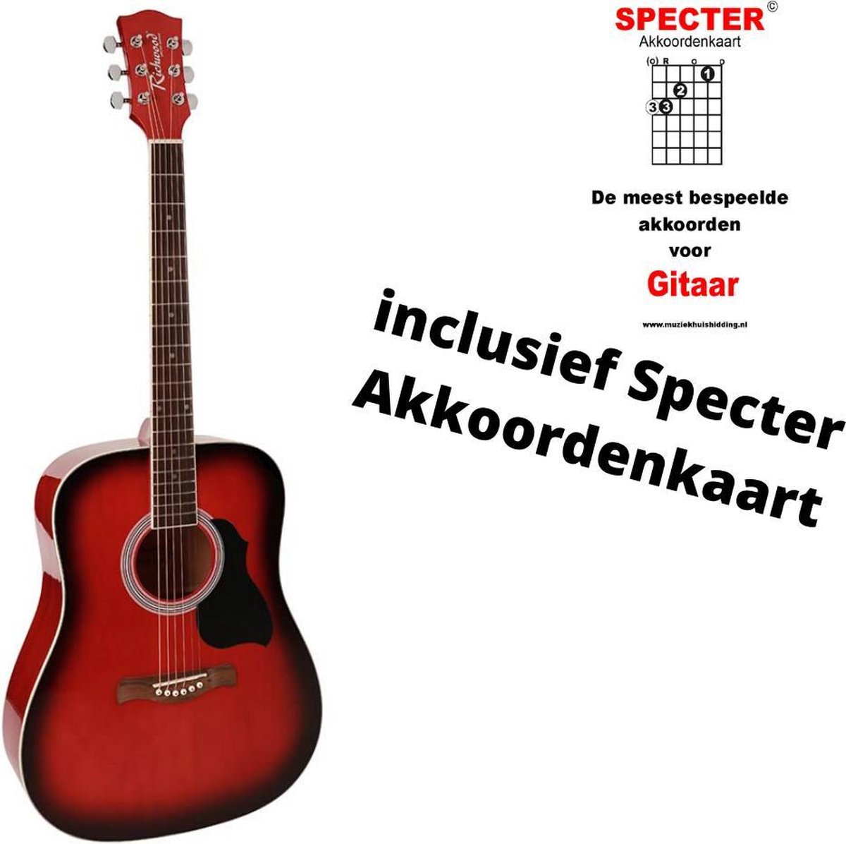 Richwood akoestische gitaar met handige akkoordenkaart rood