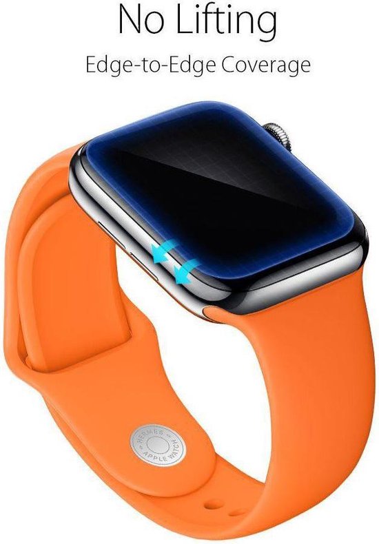 Gedetailleerde close-up van een oranje Apple Watch band met een screenprotector die de randen bedekt.