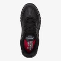 Zwarte Skechers werkschoen, bovenaanzicht, met rode Relaxed Fit Memory Foam binnenzool.