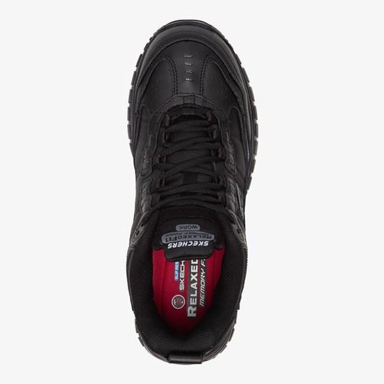 Zwarte Skechers werkschoen, bovenaanzicht, met rode Relaxed Fit Memory Foam binnenzool.