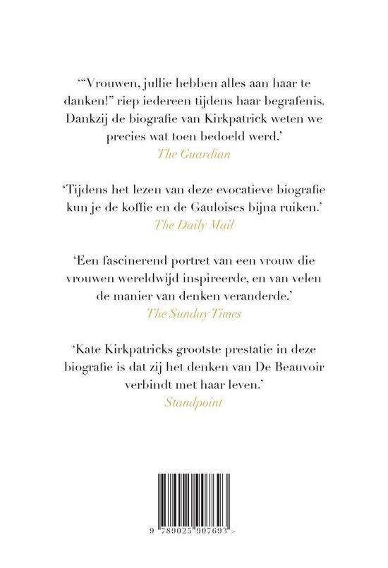 Boekomslag met citaten uit recensies, met daaronder een barcode.