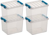 4x Sunware Q-Line opberg boxen/opbergdozen 3 liter 20 x 15 x 14 cm kunststof - Opslagbox - Opbergbak transparant/blauw kunststof