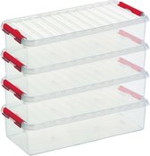 5x Sunware Q-Line opberg boxen/opbergdozen 6,5 liter  48,5 x 19 x 10,5 cm kunststof - Langwerpige/smalle opslagbox - Opbergbak kunststof transparant/rood