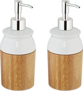 Relaxdays 2 x zeeppompje bamboe keramiek - 225 ml - zeepdispenser - badkamer – zeeppomp