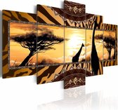 Schilderij - Afrika  Savanne, print op canvas, wanddecoratie 5luik , oranje zwart
