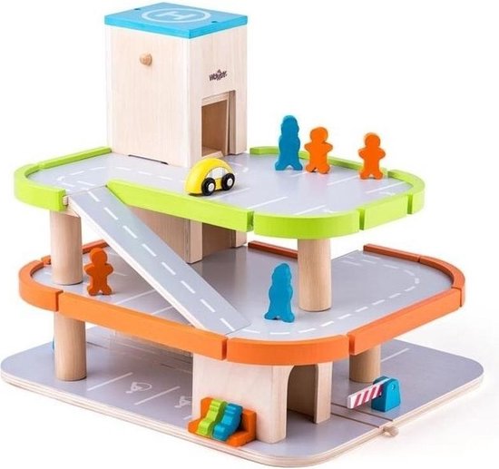 nood Kleuterschool halfgeleider Houten speelgoed garage met lift, autos en poppetjes - 44 x 37 x 38 cm -  autogarage | bol.com