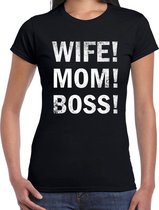 Wife Mom Boss fun tekst t-shirt zwart voor dames XS